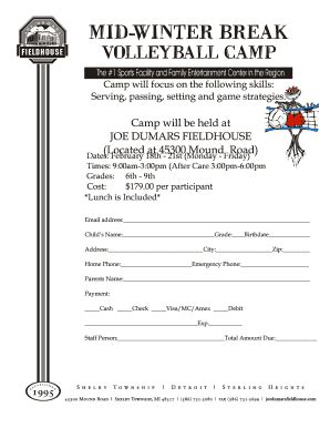 Fillable Online MID WINTER BREAK VOLLEYBALL CAMP Joe Dumars