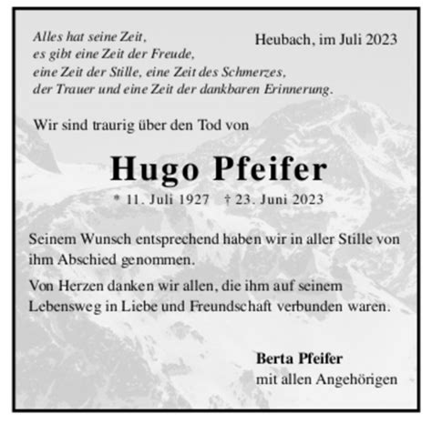 Traueranzeigen Von Hugo Pfeifer Trauer De