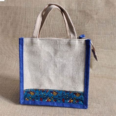 Printed Off White And Blue Zipper Jute Lunch Bag Size Dimension 9 X 9