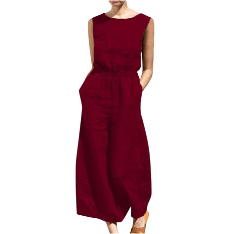 Jumpsuits For Women Akafmk Sleeveless Casual Cotton Linen Romper Solid Color Loose Straight