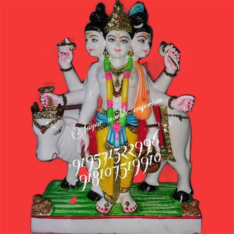 Painted Hindu White Marble Dattatreya Moorti For Worship Size Inch