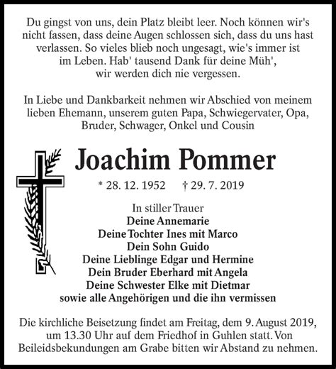 Traueranzeigen Von Joachim Pommer Lr Online Trauer De