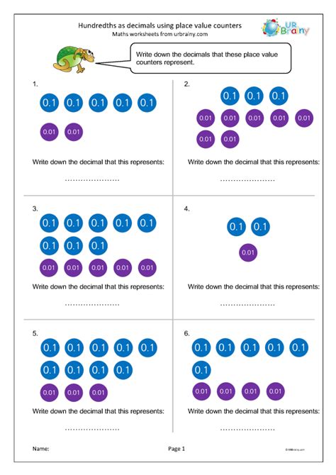 Hundredths As Decimals Using Place Value Counters Fraction And Decimal Worksheets For Year 4