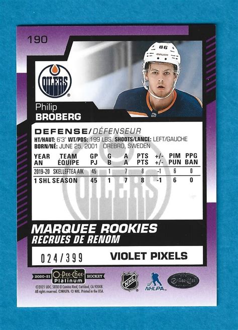 2020 21 OPC PHILIP BROBERG ROOKIE VIOLET PIXELS D 399 HOCKEY CARD