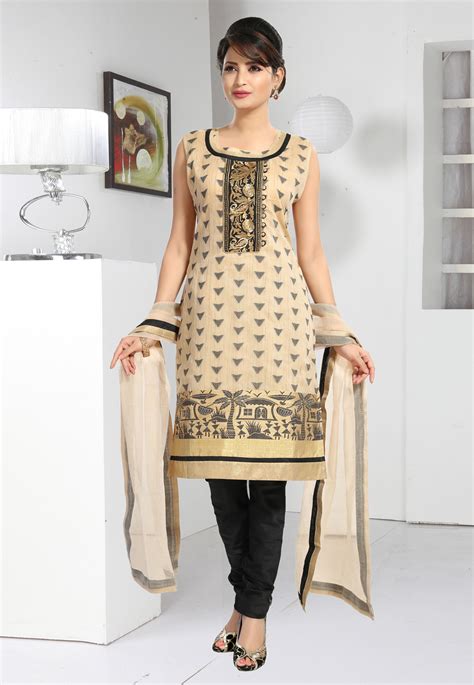 Beige Brocade Silk Readymade Churidar Salwar Kameez 217860