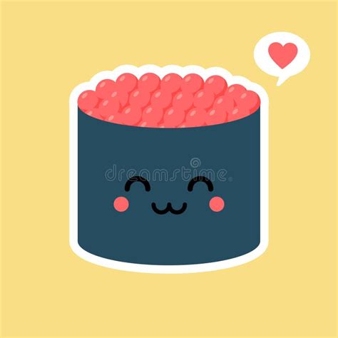 Cute Kawaii Sushi Roll With Caviar Japanese Traditional Meal Cartoon