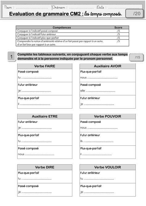 éval 11 temps composés cm2 mamait MA MAITRESSE DE CM1 CM2