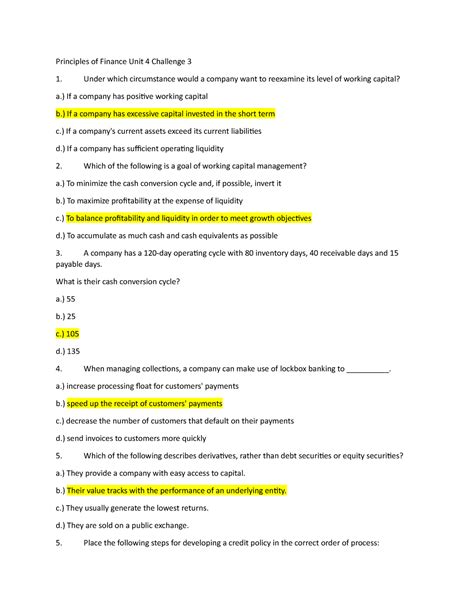 Principles Of Finance Unit Challenge Principles Of Finance Unit