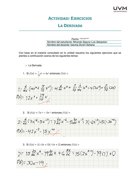 A Msls Actividad Actividad Ejercicios La Derivada Fecha