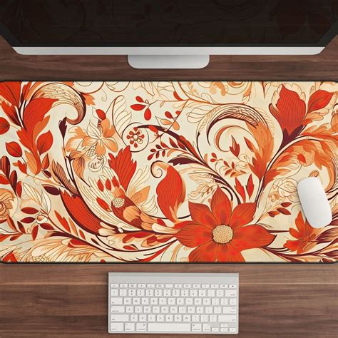 Floral Desk Mat, Orange Flower Baroque Design, Beige Elegant Vintage ...