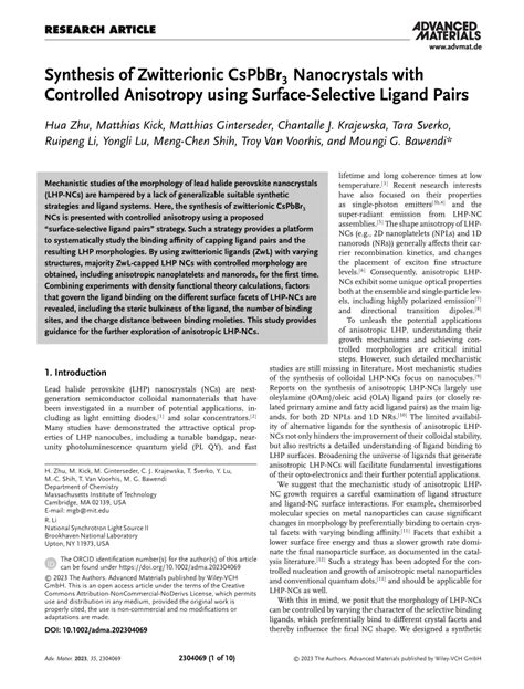 Pdf Synthesis Of Zwitterionic Cspbbr3 Nanocrystals With Controlled