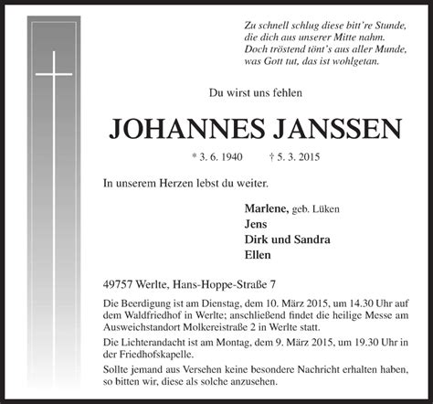 Traueranzeigen Von Johannes Janssen Noz Trauerportal