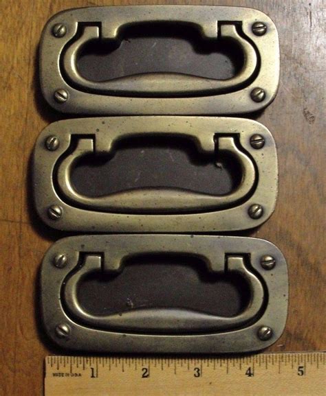 3 Vintage Antique Brass Recessed Flush Hardware Handle Drawer Pulls