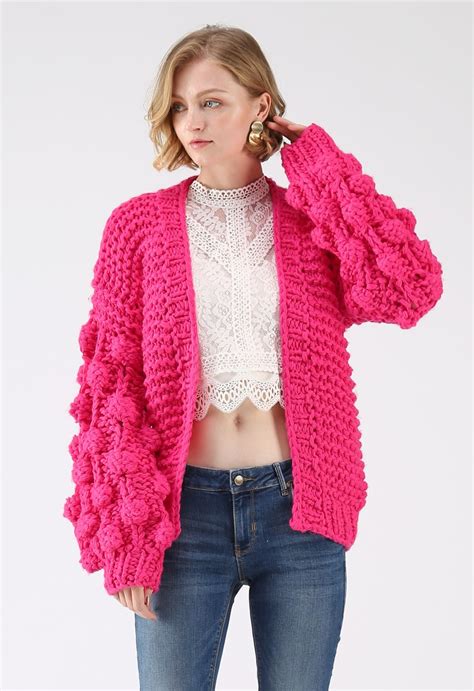 Cuteness On Sleeves Chunky Cardigan In Hot Pink Retro Indie And