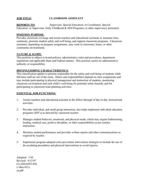 Classroom Assistant Job Description