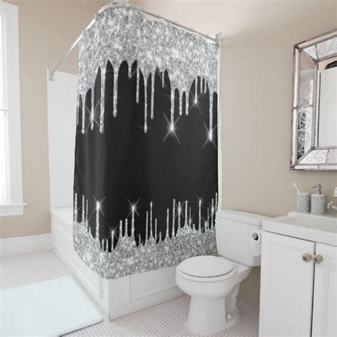 Spark Drips Glitter Effect Black Silver Gray Shower Curtain Zazzle