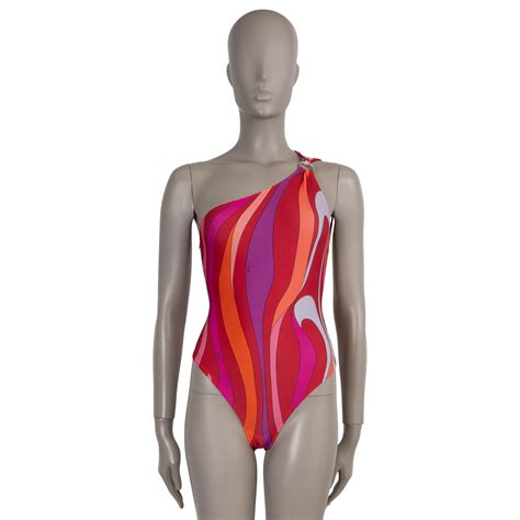 EMILIO PUCCI red and pink 2022 MARMO ONE SHOULDER One Piece Swimsuit XS