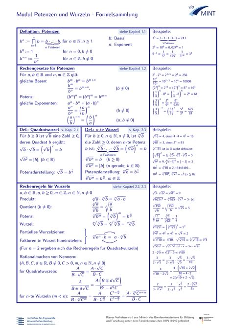 Formelsammlung Potenzen Wurzeln V Modul Potenzen Und Wurzeln