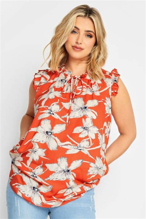 Yours Plus Size Orange Floral Print Frill Neck Top Yours Clothing