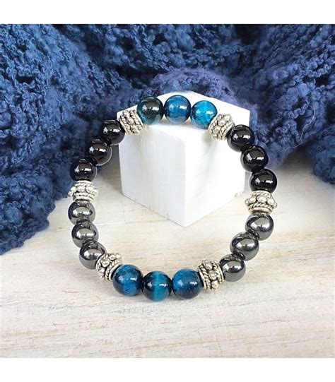 Pulsera Ojo De Tigre Azul Con Hematite Y Cuentas En Acero Inoxidable