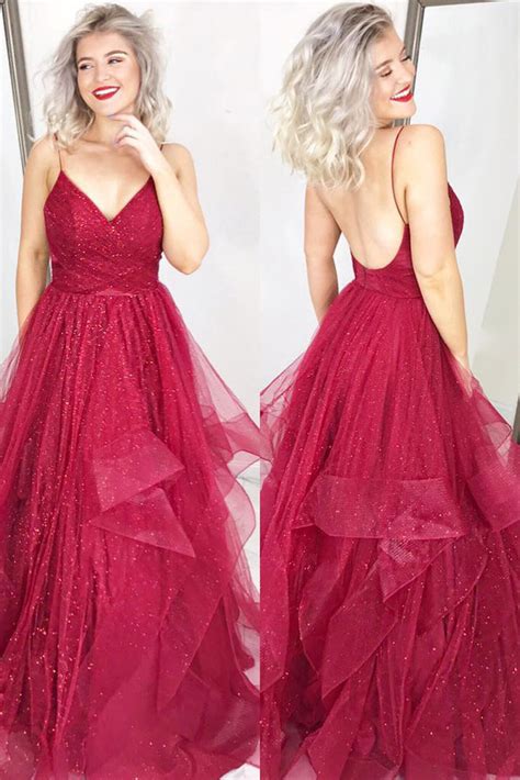 Sparkly A Line V Neck Backless Burgundy Long Prom Dresses Burgundy Fo