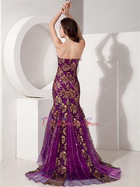 Purple Mermaid Evening Dress With Gold Applique Emberllish