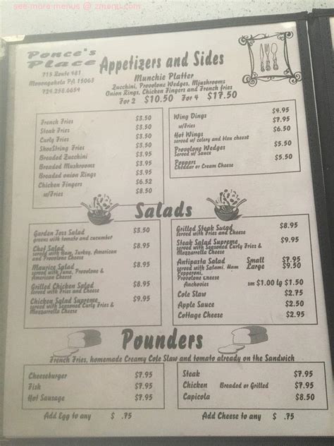 Menu at Ponce's Place restaurant, Monongahela