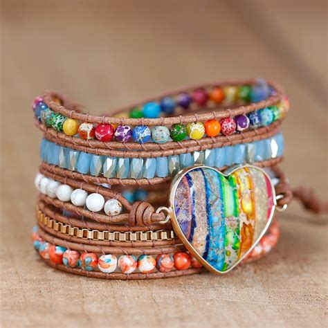 Yuetong Handmade Multi Colors 7 Chakra Heart Charm Beaded Wrap Bracelet