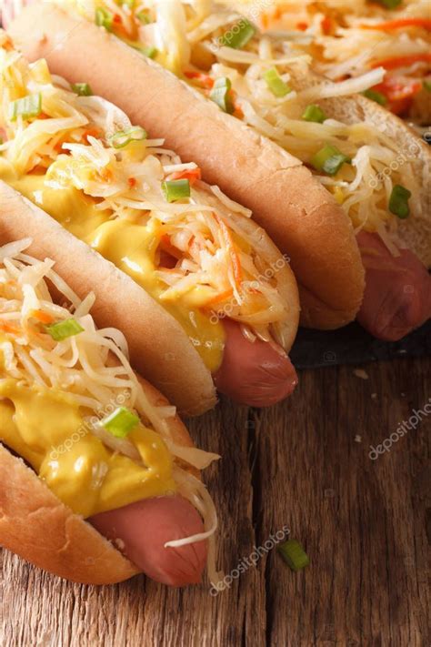 Sandwich With Sausage Sauerkraut And Mustard Close Up Vertical Stock Sponsored