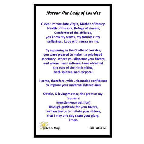 Our Lady Of Lourdes Laminated Holy Card Novena Prayer For The Etsy