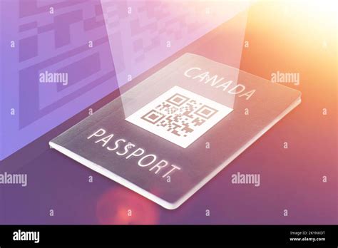 QR on cover of Canada passport. Introduction of electronic passports in country. Barcode on ...