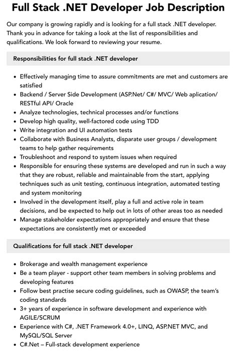 Full Stack Net Developer Job Description Velvet Jobs