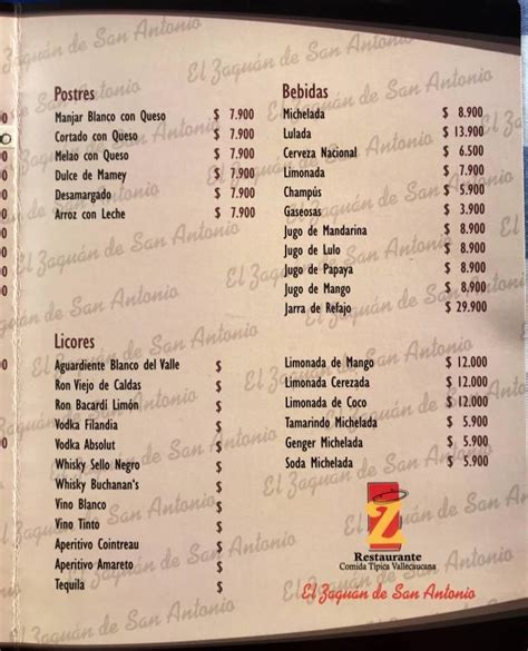 Carta del restaurante El Zaguán del San Antonio Cali