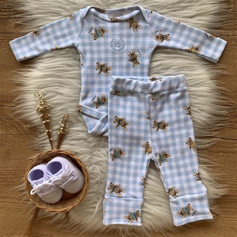 Conjunto Bebe em Algodão Egípcio Body e Calça Xadrez Ursinho Azul