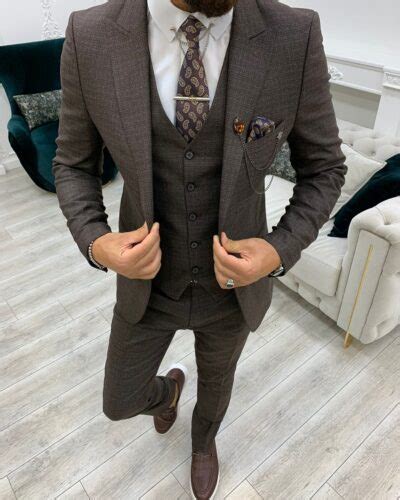 Brown Slim Fit Double Breasted Striped Suit For Men Bespokedailyshop