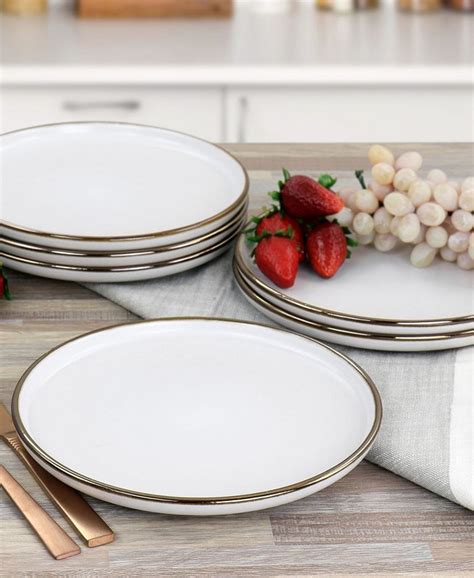 Elama Flat Raised Rim Gold Tone Trim Alejandro 6 Piece Stoneware