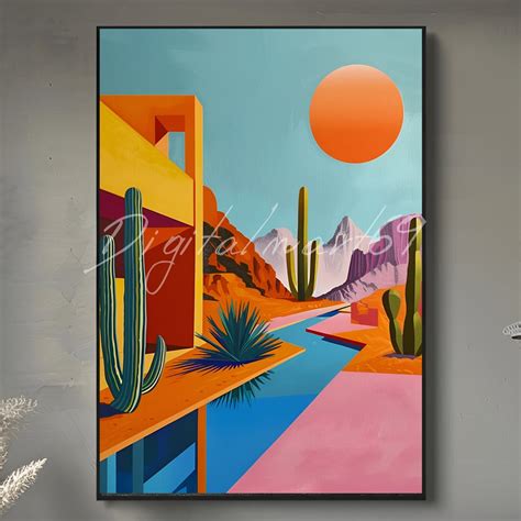 Mid Century Modern Desert Art Digital Print Sun Desert And River Wall