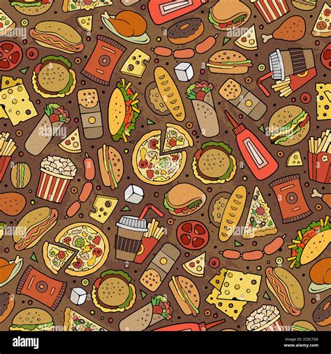 Cartoon cute hand drawn Fast food seamless pattern Stock Vector Image ...