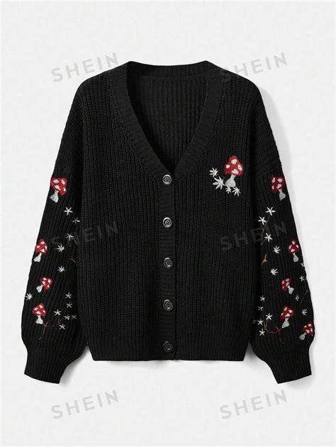 Romwe Fairycore Mushroom Embroidery Button Front Cardigan Shein Uk