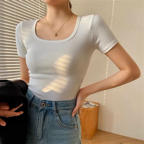 Angelcity Basic T Shirt Square Neck Short Sleeve Tee Tops Shopee