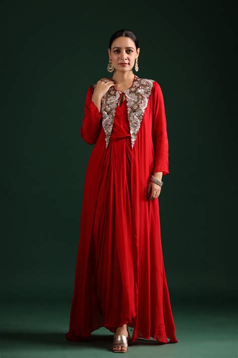 Bright Red Embellished Draped Cape Dress