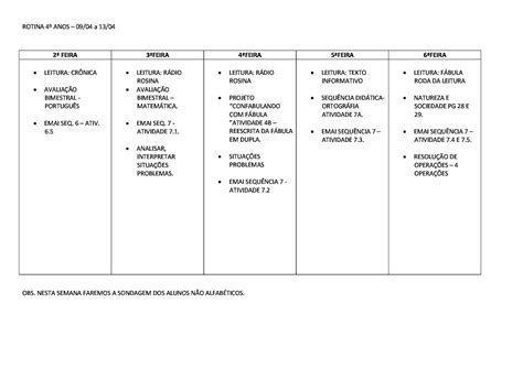 Novas Rotina Semanal Pedagógica 4ºs Anos