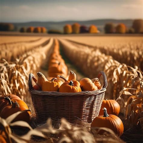 Premium Photo | A basket of pumpkins in a field with a sky in the ...