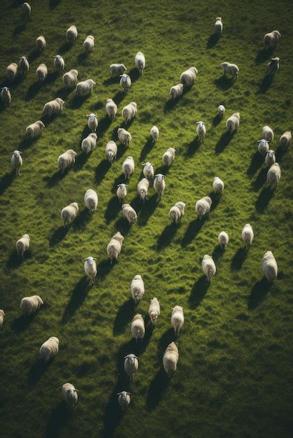 Premium Photo Aerial View Of A Flock Of Sheep On A Green Meadow AI