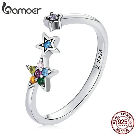 Bamoer Authentische 925 Sterling Silber Regenbogen Kristall Stern Ring