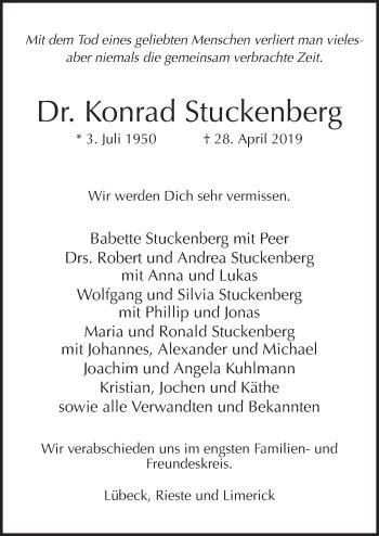 Traueranzeigen Von Konrad Stuckenberg Noz Trauerportal