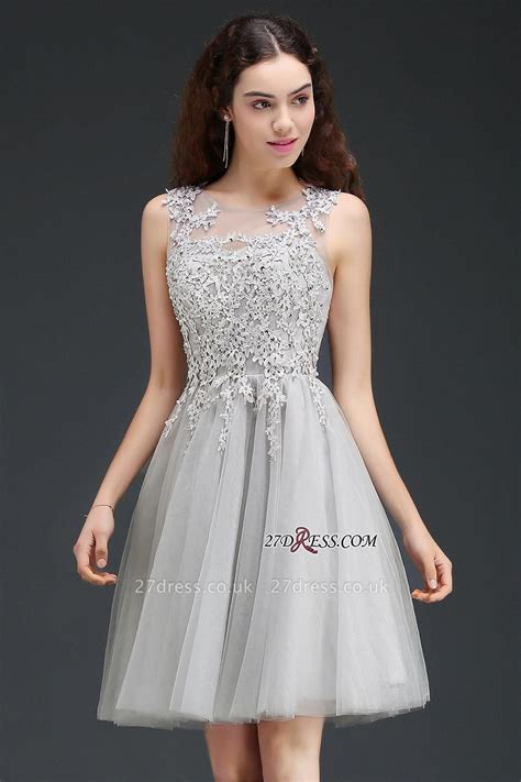 Silver Tulle Short A Line Sleeveless Appliques Homecoming Dress Uk In