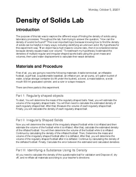 Density Of Solids Lab Report Density Of Solids Lab Introduction The