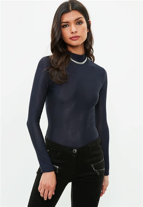 Lyst Missguided Navy Long Sleeve Slinky Roll Neck Bodysuit In Blue