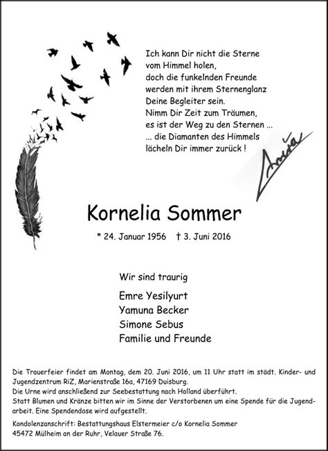 Traueranzeigen Von Kornelia Sommer Trauer In NRW De